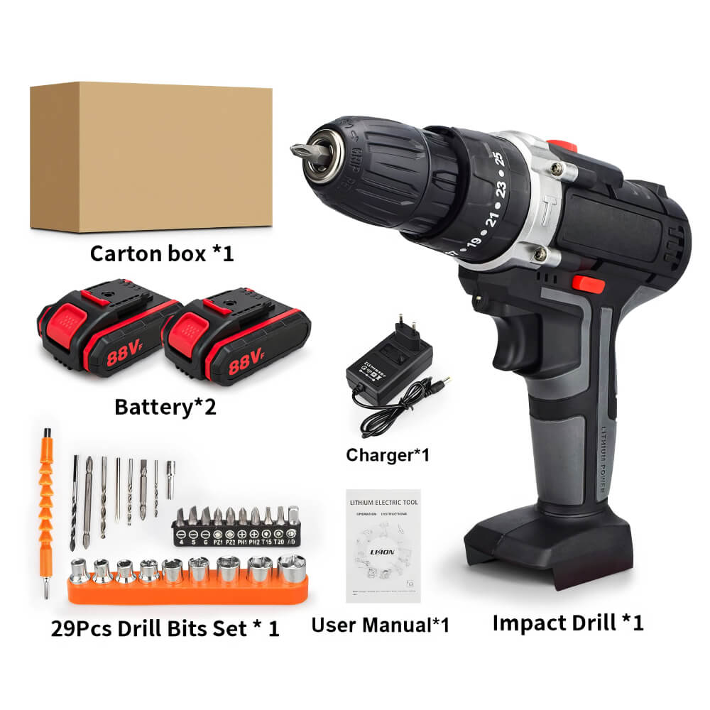18V Cordless Electric Drill Impact Drill with 29 Bit Set and 2 Batteries