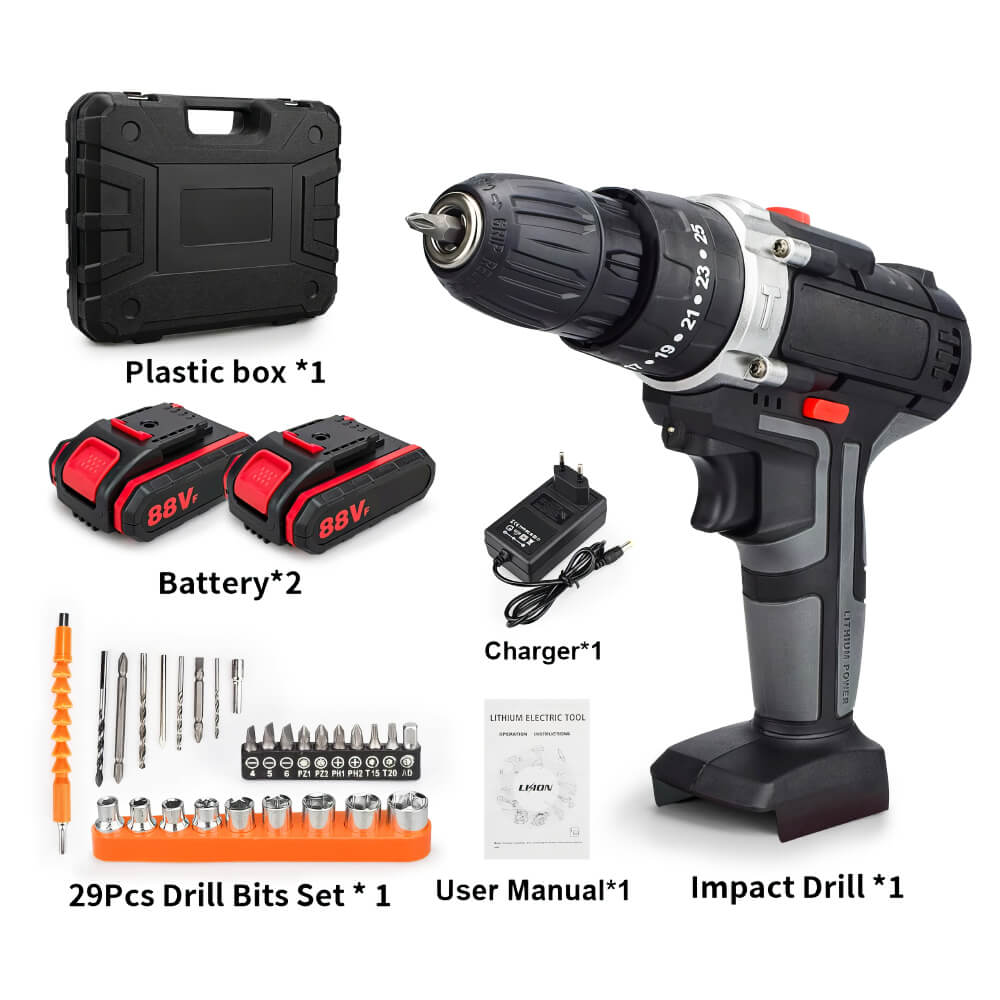 18V Cordless Electric Drill Impact Drill with 29 Bit Set and 2 Batteries