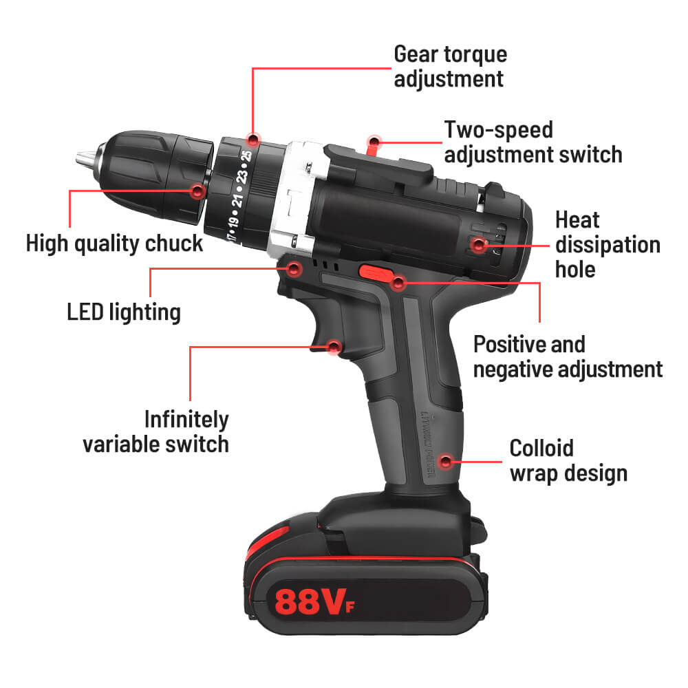 18V Cordless Electric Drill Impact Drill with 29 Bit Set and 2 Batteries